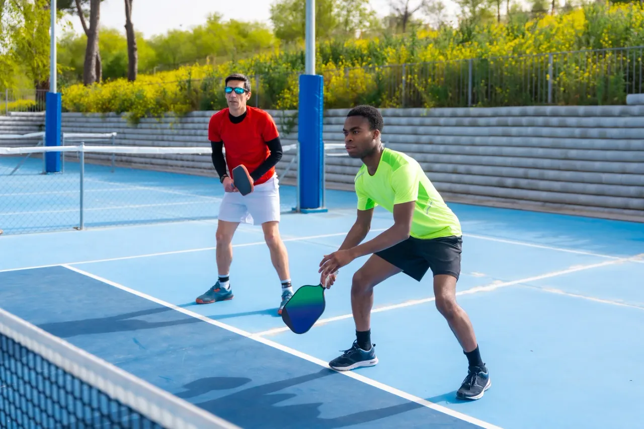 A diverse team of pickleball players on a sunny court